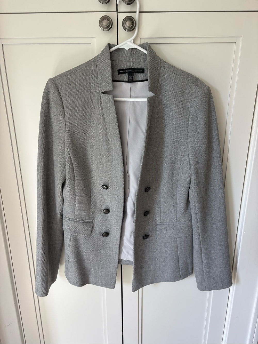 White House Black Market Light Gray Double-Breasted Collarless Blazer